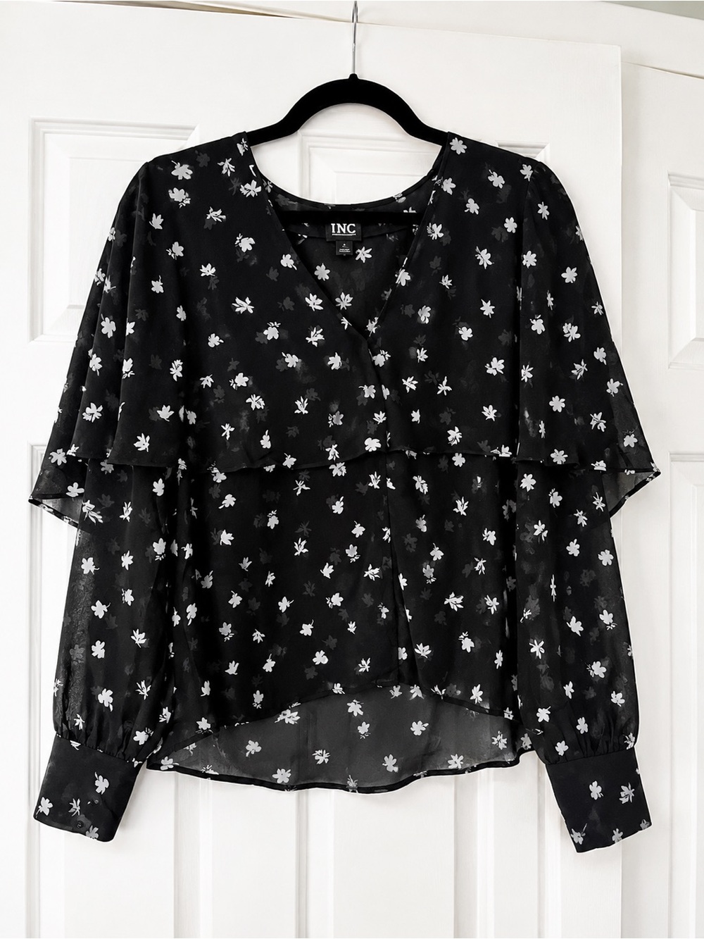 INC International Concepts Black Floral Cape Overlay Blouse – Medium – NWT